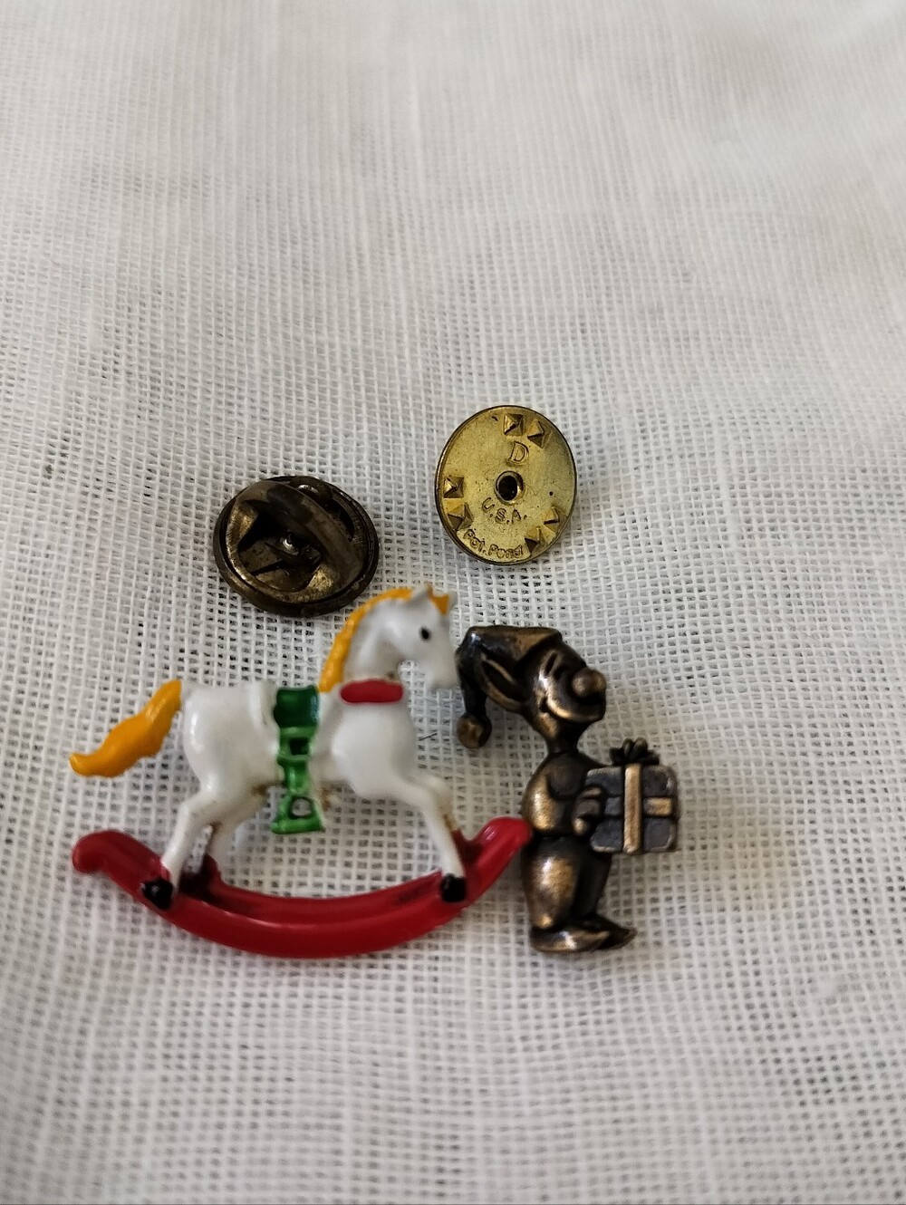 Vintage Signed JJ Jonette Rocking Horse & Elf with Gift Figural Brooch Pin Set